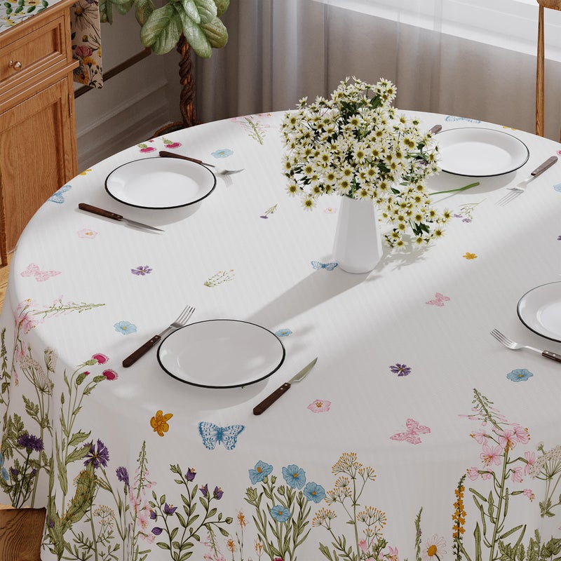 Siilues Spring Tablecloth Round 70x70 Inch, Washable Colorful Butterfly Floral Watercolor Spring Table Cloth Seasonal Summer Waterproof Scalloped Edge Home Party Decorations Picnic Dining Table Cover - Image 3