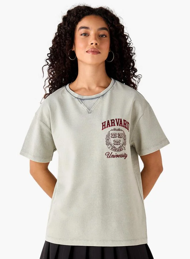 SP Characters Oversized Cotton Washed T-shirt with Harvard University Embroidery