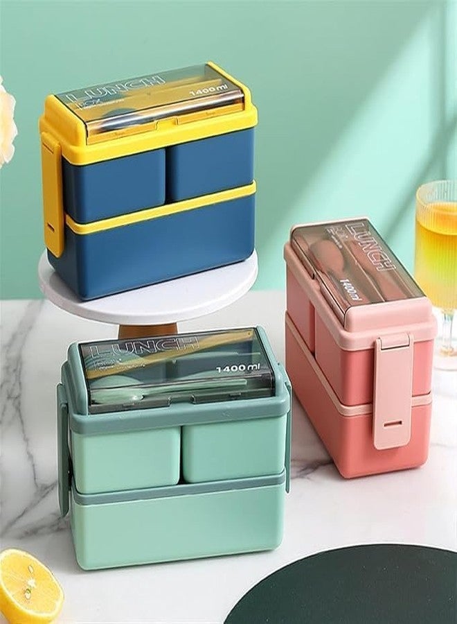Perfect Pricee 3-Compartment Lunch Box for Office Men and Lunch Box for Kids, Portable Double-Layer Lunch Box with Cutlery and Lid,Microwave Safe Lunch Boxes (Pack of 1,Multicolor, Plastic), 1400 Ml - Image 3