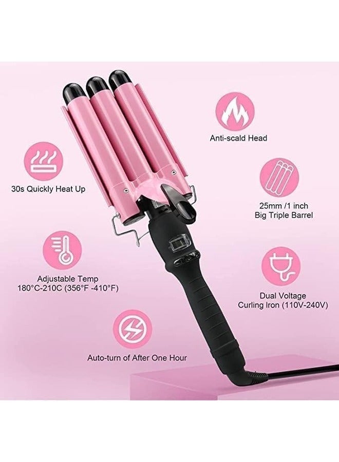 Triple Barrel Curling Iron - 1-Inch Hair Waver for Mermaid Beach Waves, Adjustable Temperature Ceramic Tourmaline Curler, Fast Heating (Pink) - Image 2