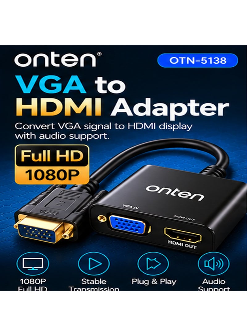أونتن محول Onten OTN-5138S من VGA إلى HDMI مع دعم الصوت؛ محول فيديو تناظري إلى رقمي بدقة Full HD 1080p مزود بمدخل صوت 3.5 مم لتوصيل أجهزة الكمبيوتر (المكتبية والمحمولة) بشاشات HDMI وأجهزة التلفاز وأجهزة العرض الضوئي (البروجيكتور)؛ محول يدعم خاصية "التوصيل والتشغيل" (Plug & Play) ومثالي للاستخدام في المكاتب والفصول الدراسية والترفيه المنزلي. - Image 1