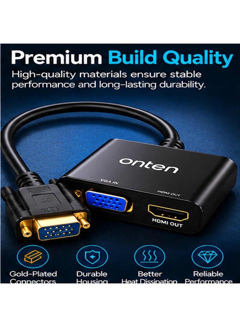 أونتن محول Onten OTN-5138S من VGA إلى HDMI مع دعم الصوت؛ محول فيديو تناظري إلى رقمي بدقة Full HD 1080p مزود بمدخل صوت 3.5 مم لتوصيل أجهزة الكمبيوتر (المكتبية والمحمولة) بشاشات HDMI وأجهزة التلفاز وأجهزة العرض الضوئي (البروجيكتور)؛ محول يدعم خاصية "التوصيل والتشغيل" (Plug & Play) ومثالي للاستخدام في المكاتب والفصول الدراسية والترفيه المنزلي. - Image 3
