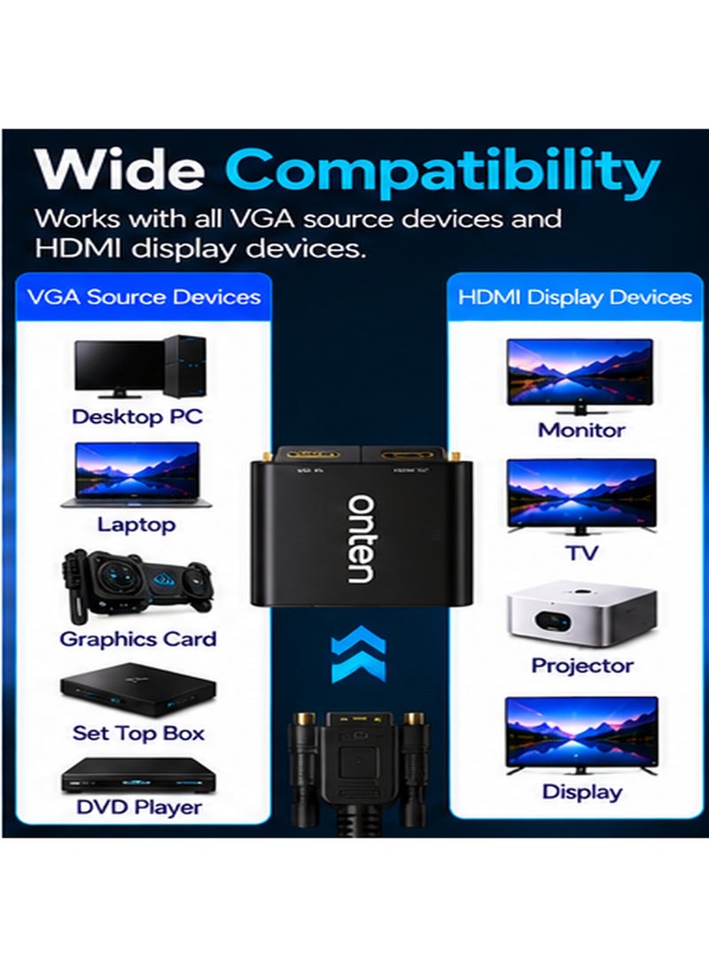 أونتن محول Onten OTN-5138S من VGA إلى HDMI مع دعم الصوت؛ محول فيديو تناظري إلى رقمي بدقة Full HD 1080p مزود بمدخل صوت 3.5 مم لتوصيل أجهزة الكمبيوتر (المكتبية والمحمولة) بشاشات HDMI وأجهزة التلفاز وأجهزة العرض الضوئي (البروجيكتور)؛ محول يدعم خاصية "التوصيل والتشغيل" (Plug & Play) ومثالي للاستخدام في المكاتب والفصول الدراسية والترفيه المنزلي. - Image 4
