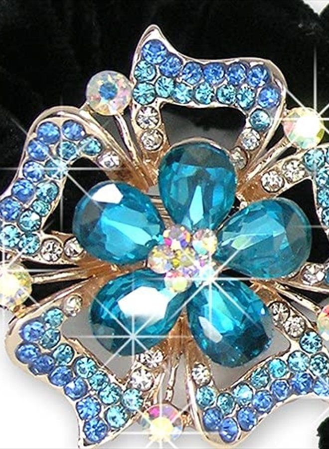 BANBERRY DESIGNS Jeweled Flower Black Elastic Hair Tie Scrunchie - Set of 2 - White Gold Color Metal with Decorative Blue and Pink Rhinestone Crystals - Image 2