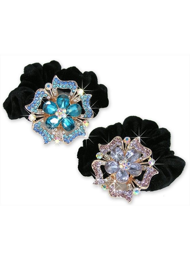 BANBERRY DESIGNS Jeweled Flower Black Elastic Hair Tie Scrunchie - Set of 2 - White Gold Color Metal with Decorative Blue and Pink Rhinestone Crystals - Image 1