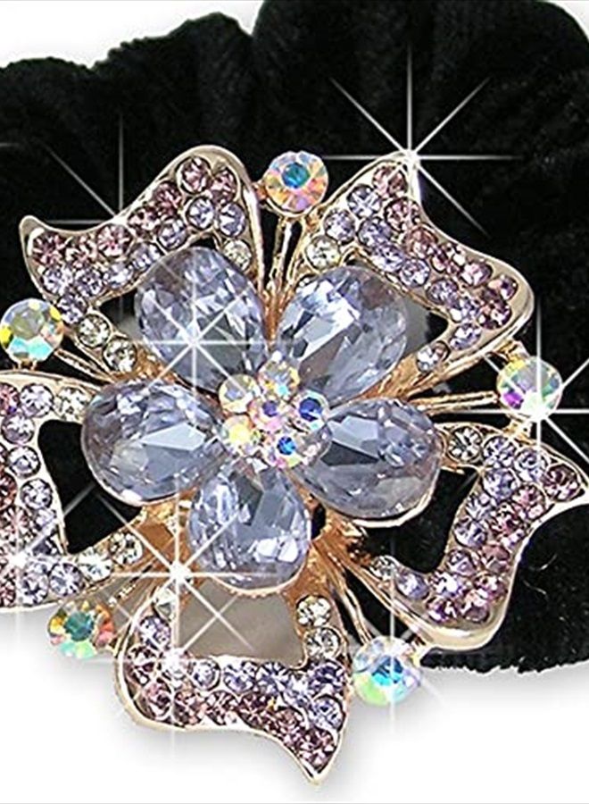 BANBERRY DESIGNS Jeweled Flower Black Elastic Hair Tie Scrunchie - Set of 2 - White Gold Color Metal with Decorative Blue and Pink Rhinestone Crystals - Image 3