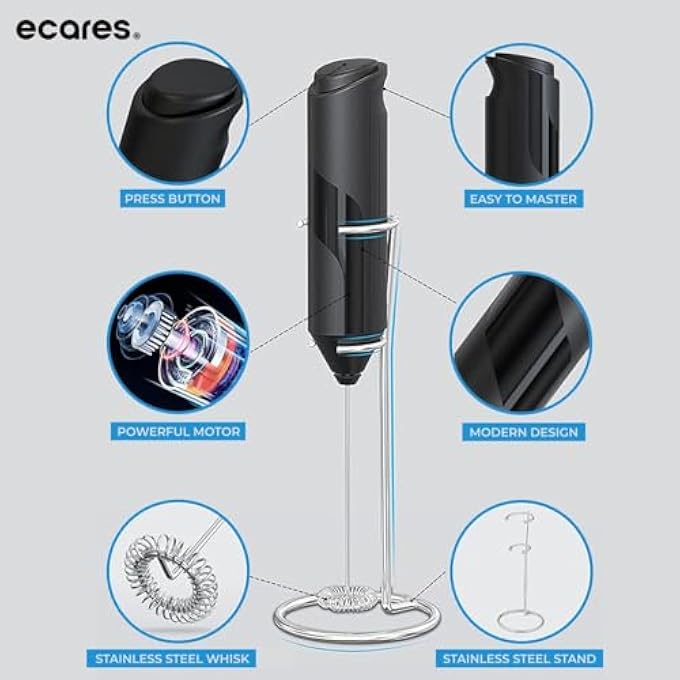 ECARES Milk Frother With Stand Handheld Battery Operated Stainless Steel Stand Foam Maker Whisk Drink Mixer For Latte Cappuccino Coffee Frappe Matcha And Hot Chocolate Etc Black - Image 3