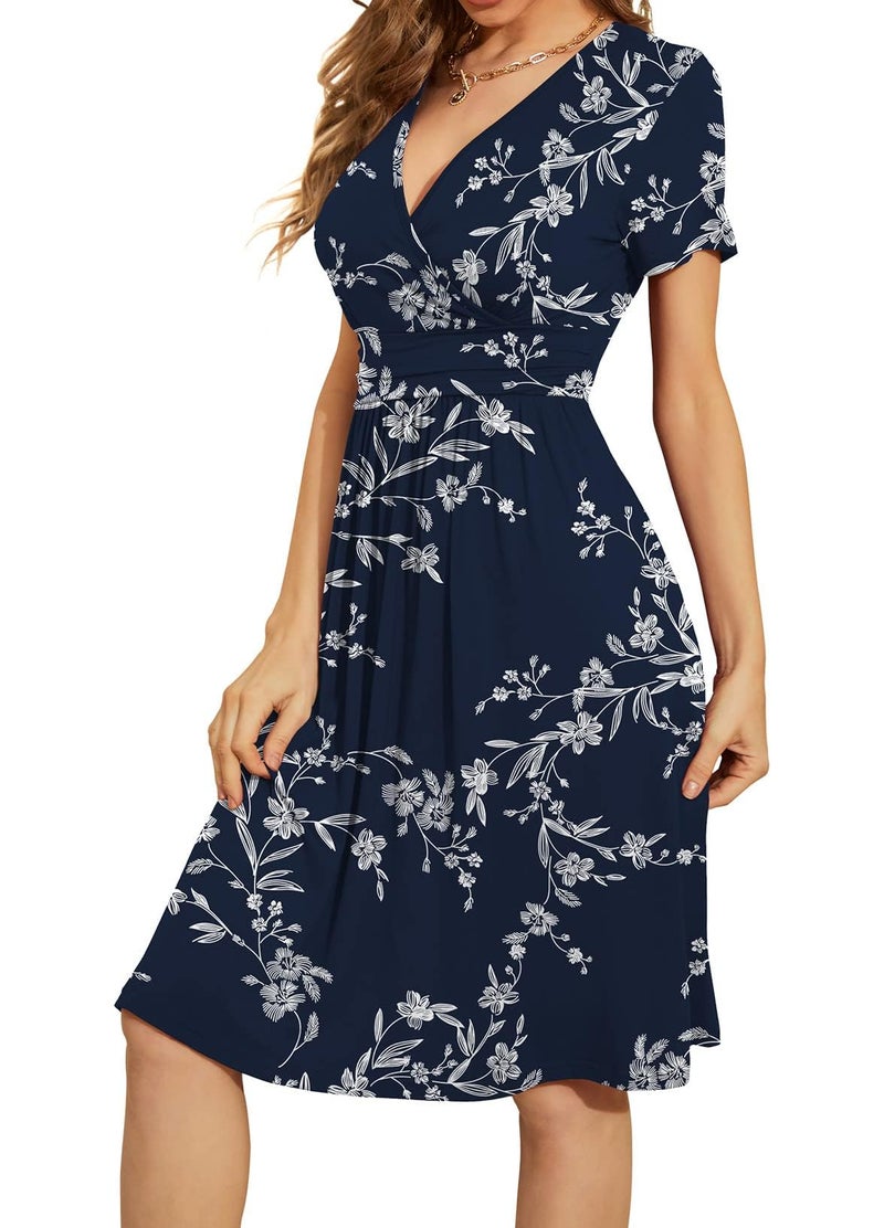 WEACZZY Women Summer Casual Short Sleeve Dresses Beach Dresses with Pockets,Floral White Navy,L - Image 2