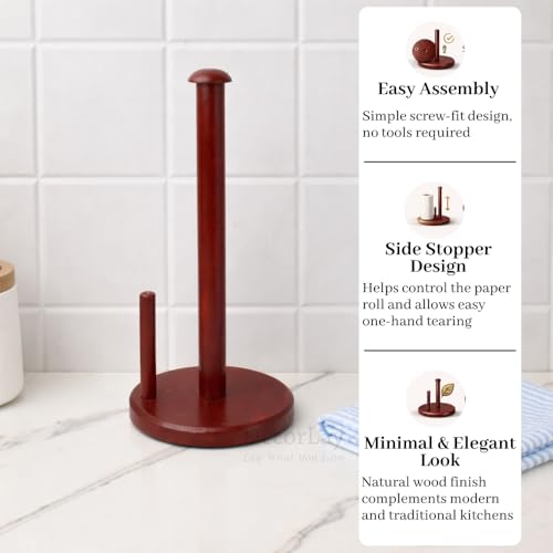 Decorlay Wooden Tissue Paper Roll Holder Countertop with Rubber for Non-Slip Rounded Base Kitchen Bathroom Napkin Roll Organizer Easy to Clean for Dining Table | Brown - Image 5