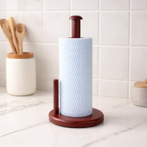 Decorlay Wooden Tissue Paper Roll Holder Countertop with Rubber for Non-Slip Rounded Base Kitchen Bathroom Napkin Roll Organizer Easy to Clean for Dining Table | Brown - Image 1