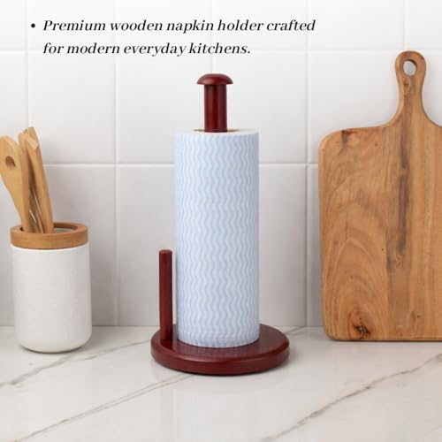 Decorlay Wooden Tissue Paper Roll Holder Countertop with Rubber for Non-Slip Rounded Base Kitchen Bathroom Napkin Roll Organizer Easy to Clean for Dining Table | Brown - Image 4