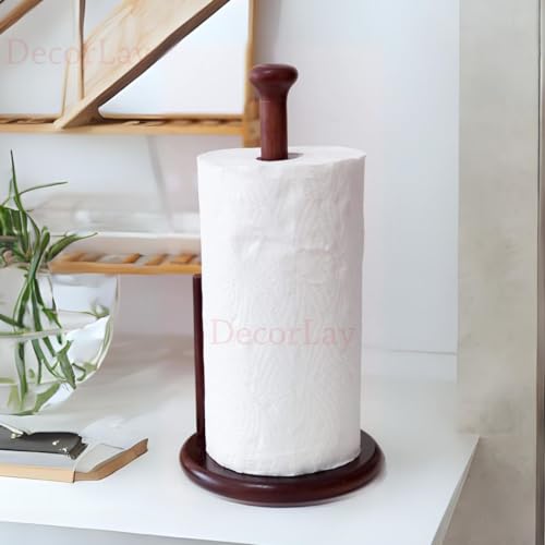 Decorlay Wooden Tissue Paper Roll Holder Countertop with Rubber for Non-Slip Rounded Base Kitchen Bathroom Napkin Roll Organizer Easy to Clean for Dining Table | Brown - Image 2