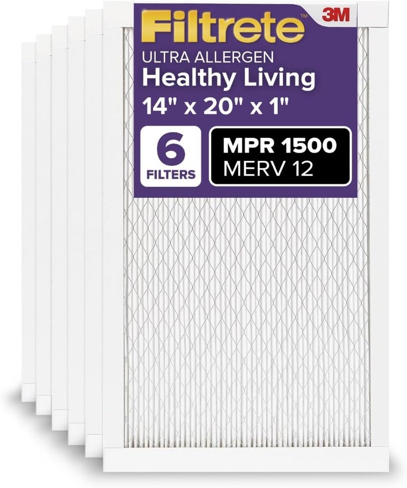 FILTRETE 14x20x1 AC Furnace Air Filter, MERV 12, MPR 1500, CERTIFIED asthma & allergy friendly, 3 Month Pleated 1-Inch Electrostatic Air Cleaning Filter, 6-Pack (Actual Size 13.81x19.81x0.78 in) - Image 1
