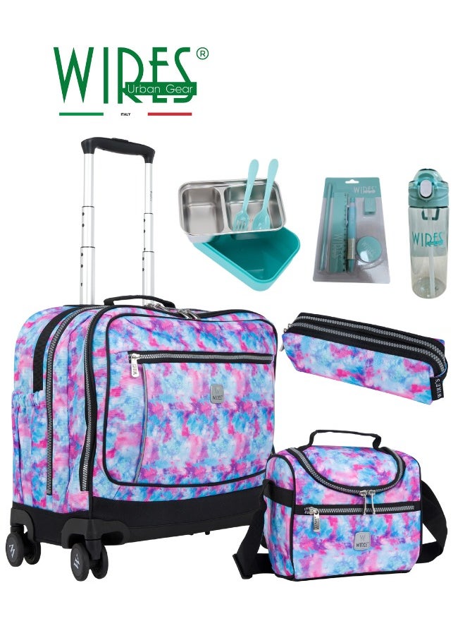 Wires 3 Piece Kids School Trolley Bag laptop compartment 8 Wheels With Lunch bag & Pencil Case  - Image 1