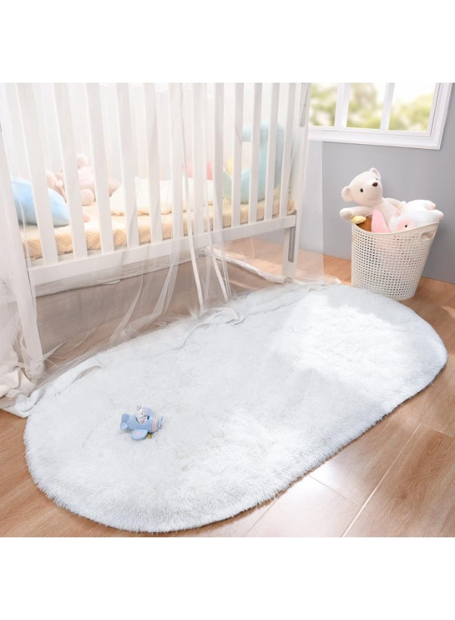 Soft Shaggy Rug for Kids Bedroom, Oval  Cream Plush Fluffy Carpets for Living Room, Furry Carpet for Teen Girls Room, Anti-Skid Fuzzy Comfy Rug for Nursery Decor Cute Baby Play Mat - Image 3
