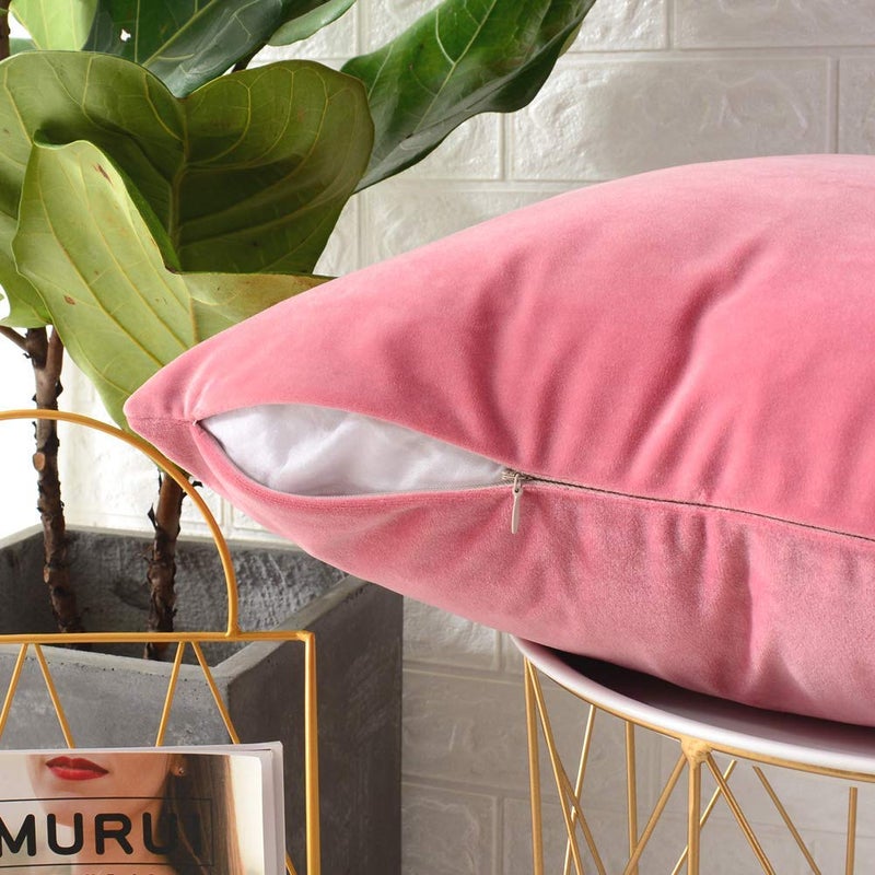 Linenovation Decorative Velvet Square Cushion with Cushion Cover Throw Pillow Cover for Living Room Couch Diwan Single Seater Sofa 16Inch x 16Inch Colour Light PinkSet of 2 Piece - Image 5