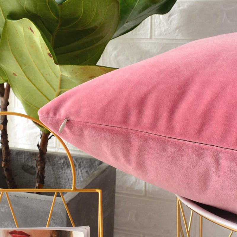 Linenovation Decorative Velvet Square Cushion with Cushion Cover Throw Pillow Cover for Living Room Couch Diwan Single Seater Sofa 16Inch x 16Inch Colour Light PinkSet of 2 Piece - Image 4