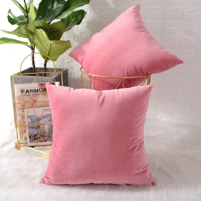 Linenovation Decorative Velvet Square Cushion with Cushion Cover Throw Pillow Cover for Living Room Couch Diwan Single Seater Sofa 16Inch x 16Inch Colour Light PinkSet of 2 Piece - Image 1