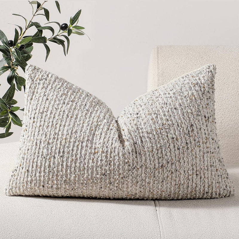 DEZENE 12x20 Cream Grey Lumbar Pillow Cover Textured Boucle Striped Chic Morden Boho Accent Farmhouse Rectangular Decorative Couch Pillow Case for Home Decor Bed Sofa Living Room - Image 2