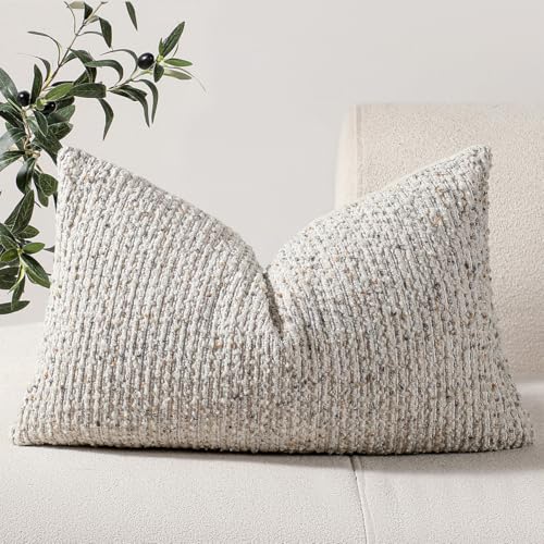 DEZENE 12x20 Cream Grey Lumbar Pillow Cover Textured Boucle Striped Chic Morden Boho Accent Farmhouse Rectangular Decorative Couch Pillow Case for Home Decor Bed Sofa Living Room - Image 1