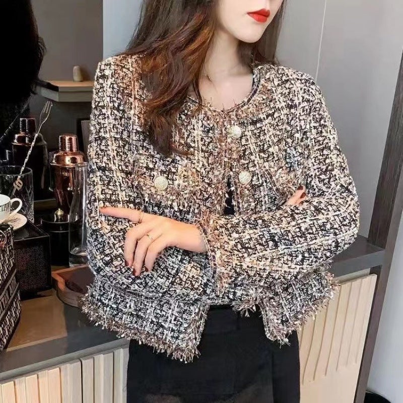 Xiaoxiang style socialite short coat womens ins autumn 2024 new Korean style elegant coarse wool all-match long sleeve top Khaki [cotton version]