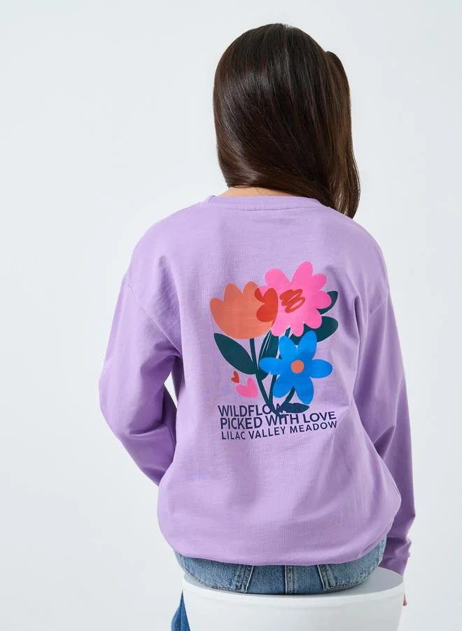 Styli Styli Teens Purple Floral Print Cotton Sweatshirt