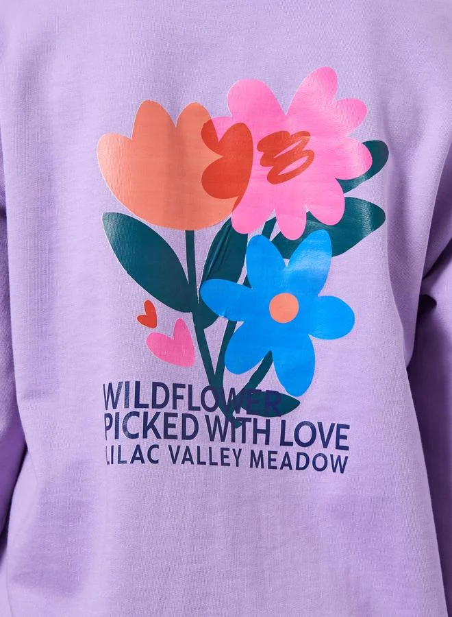 Styli Styli Teens Purple Floral Print Cotton Sweatshirt