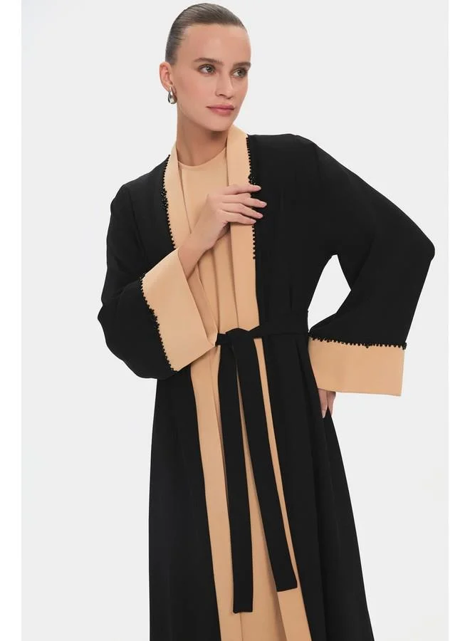 JUNE June Women Crew Neck Color Blocked Waist Tie Detailed Abaya Black