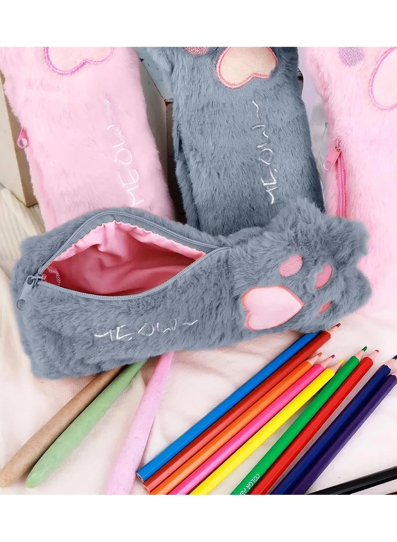 general Cat's Paw Plush Pencil Case (Set of 2) - Pink and Grey Animal Pencil Case Pack - Furry Kids, Girls Plush Pencil Case Cute Kitten Themed School Supplies - Image 2