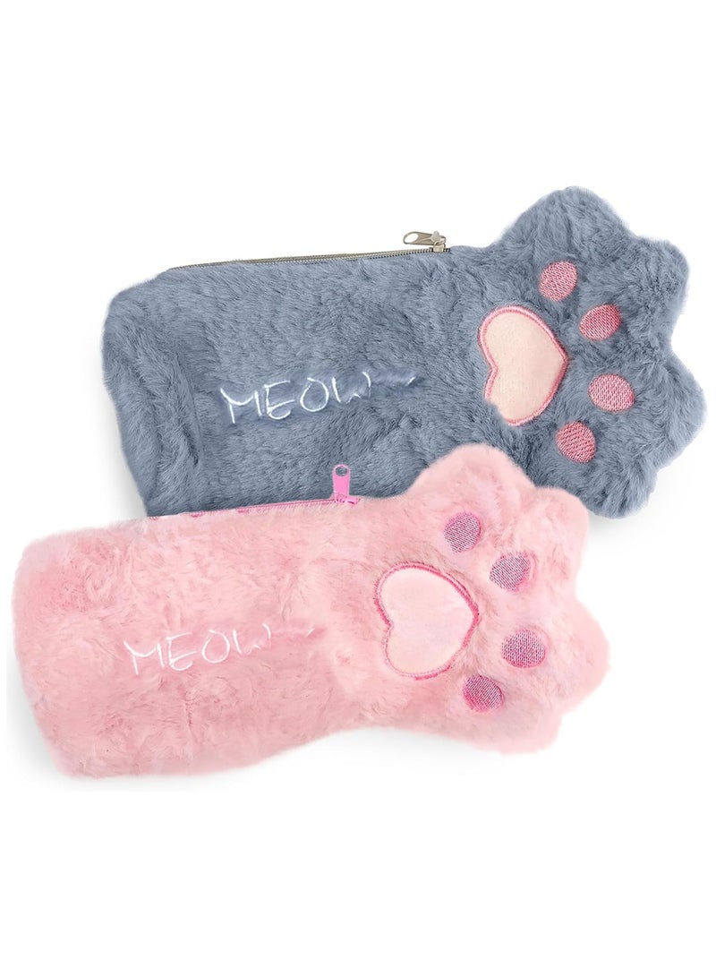 general Cat's Paw Plush Pencil Case (Set of 2) - Pink and Grey Animal Pencil Case Pack - Furry Kids, Girls Plush Pencil Case Cute Kitten Themed School Supplies - Image 1