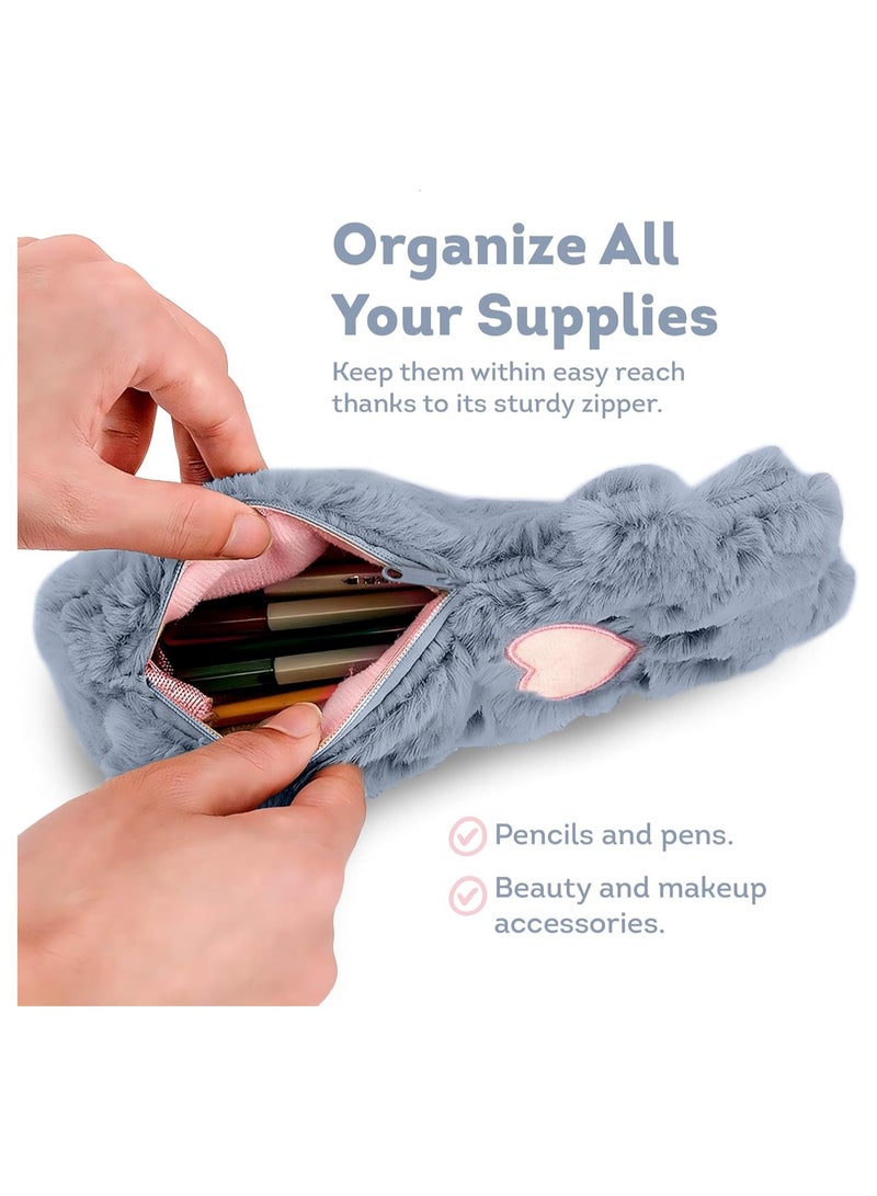 general Cat's Paw Plush Pencil Case (Set of 2) - Pink and Grey Animal Pencil Case Pack - Furry Kids, Girls Plush Pencil Case Cute Kitten Themed School Supplies - Image 3