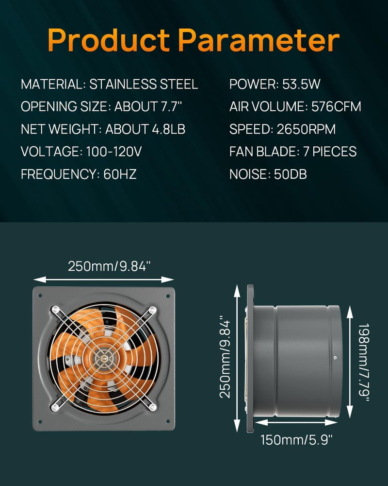 HG Power مروحة عادم 8 بوصة من HG Power 576 CFM، مروحة عادم مطبخ مثبتة على الحائط مع صمام منع الرجوع، معدنية قابلة للتركيب، مروحة تهوية عادم لاستخراج الأبخرة للعلية، الأقبية، السقف، الورشة، الصوبة الزراعية - Image 4