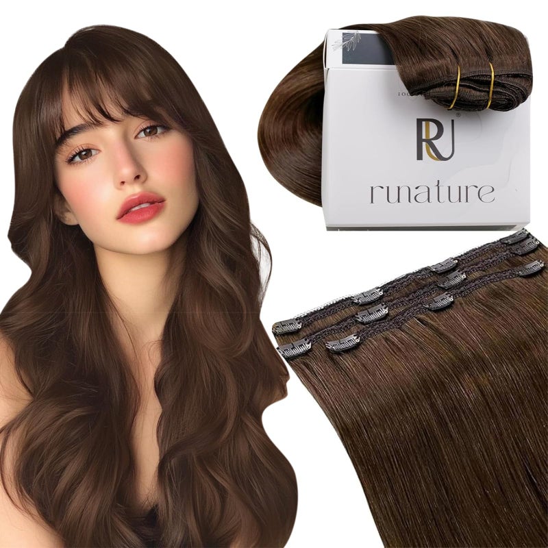 RUNATURE Real Hair Extensions Clip in Human Hair Brown Clip in Hair Extensions for Women Double Weft Straight Remy Extensions Soft 14 Inch 50g 3pcs 4 Medium Brown