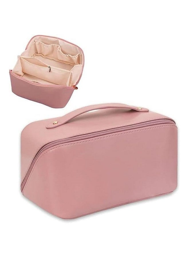 Hontick Travel Makeup Bag,Large Capacity Cosmetic Bags for Women,PU Leather Waterproof Portable Pouch Open Flat Toiletry Bag Make up Organizer with Divider and Handle. - Image 1