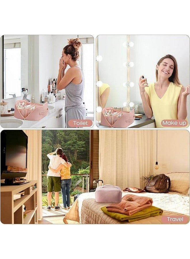 Hontick Travel Makeup Bag,Large Capacity Cosmetic Bags for Women,PU Leather Waterproof Portable Pouch Open Flat Toiletry Bag Make up Organizer with Divider and Handle. - Image 2