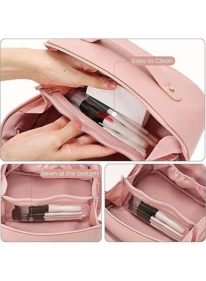 Hontick Travel Makeup Bag,Large Capacity Cosmetic Bags for Women,PU Leather Waterproof Portable Pouch Open Flat Toiletry Bag Make up Organizer with Divider and Handle. - Image 4