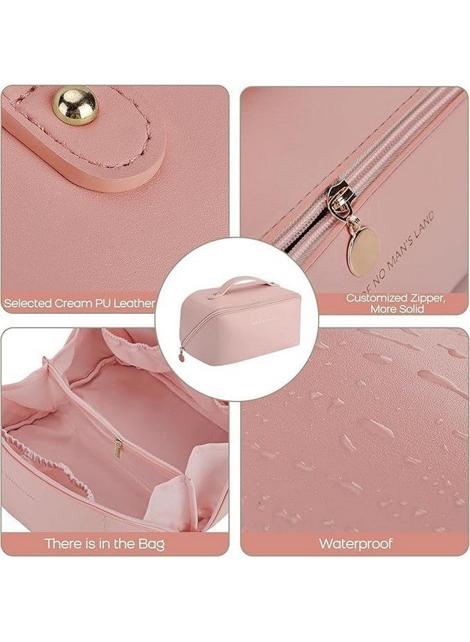 Hontick Travel Makeup Bag,Large Capacity Cosmetic Bags for Women,PU Leather Waterproof Portable Pouch Open Flat Toiletry Bag Make up Organizer with Divider and Handle. - Image 3