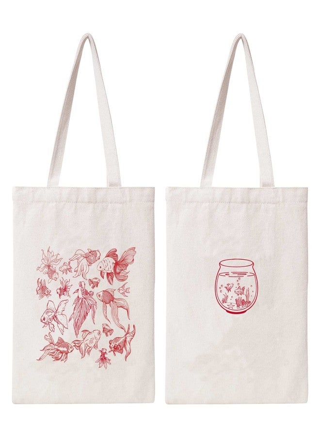 THEYGE Canvas Tote Bag Aesthetic Cotton Grocery Shopping Beach Bag for Women - Vintage Cute Goldfish Fish Design - Image 1