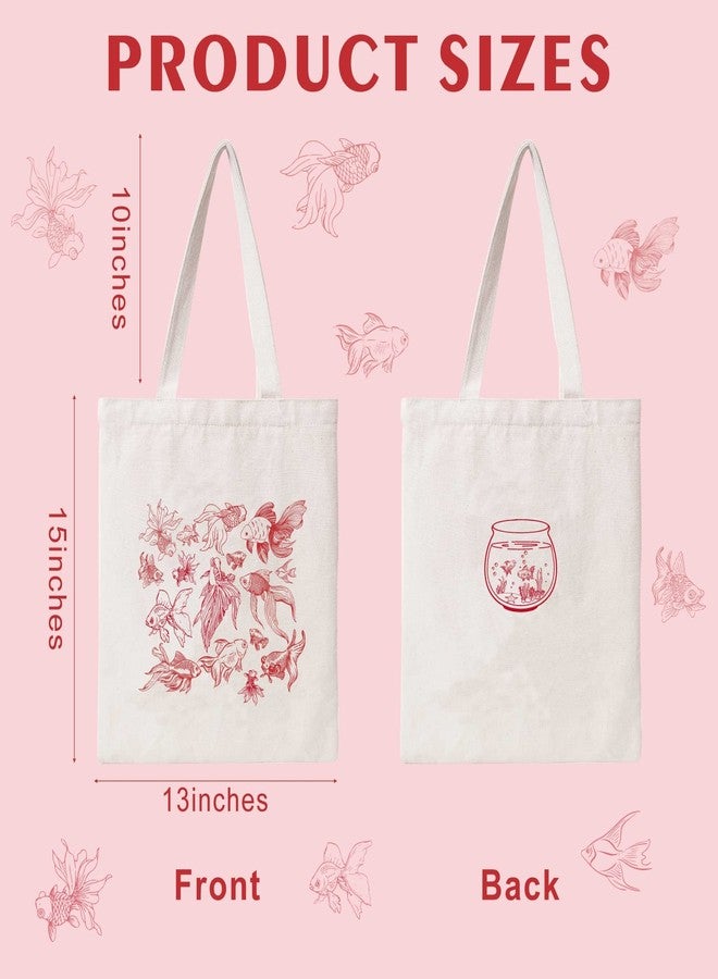 THEYGE Canvas Tote Bag Aesthetic Cotton Grocery Shopping Beach Bag for Women - Vintage Cute Goldfish Fish Design - Image 2