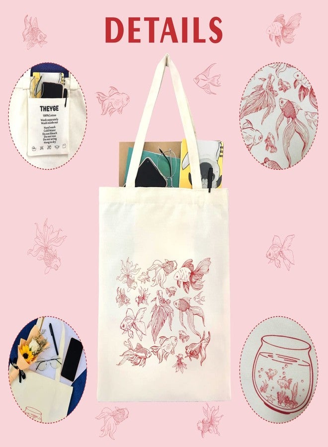 THEYGE Canvas Tote Bag Aesthetic Cotton Grocery Shopping Beach Bag for Women - Vintage Cute Goldfish Fish Design - Image 3