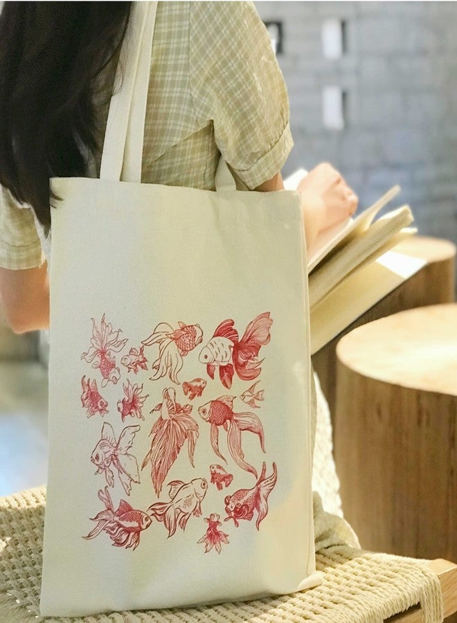 THEYGE Canvas Tote Bag Aesthetic Cotton Grocery Shopping Beach Bag for Women - Vintage Cute Goldfish Fish Design - Image 4