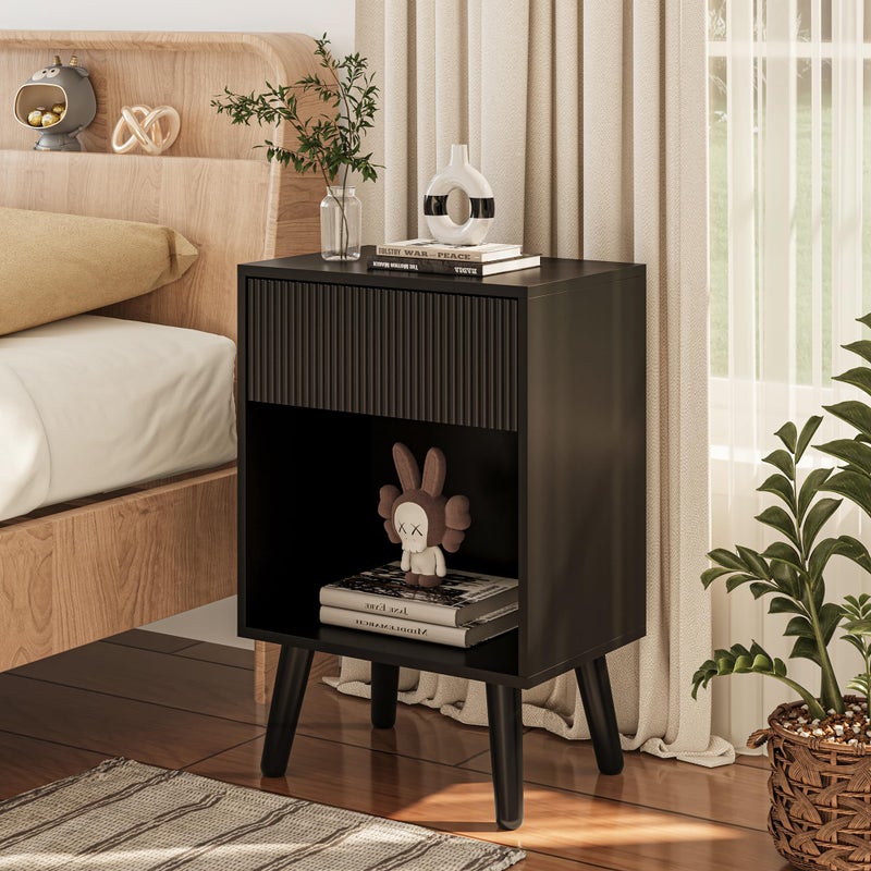 INNOD Nightstand, Modern Bedside Table with Storage Drawers and Open Wood Shelf, Night Stand with Solid Wood Legs, End Tables Side Tables for Living Room, Bedroom Black - Image 3