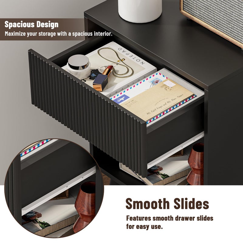 INNOD Nightstand, Modern Bedside Table with Storage Drawers and Open Wood Shelf, Night Stand with Solid Wood Legs, End Tables Side Tables for Living Room, Bedroom Black - Image 5