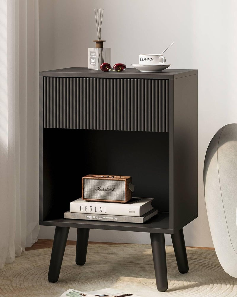 INNOD Nightstand, Modern Bedside Table with Storage Drawers and Open Wood Shelf, Night Stand with Solid Wood Legs, End Tables Side Tables for Living Room, Bedroom Black - Image 1
