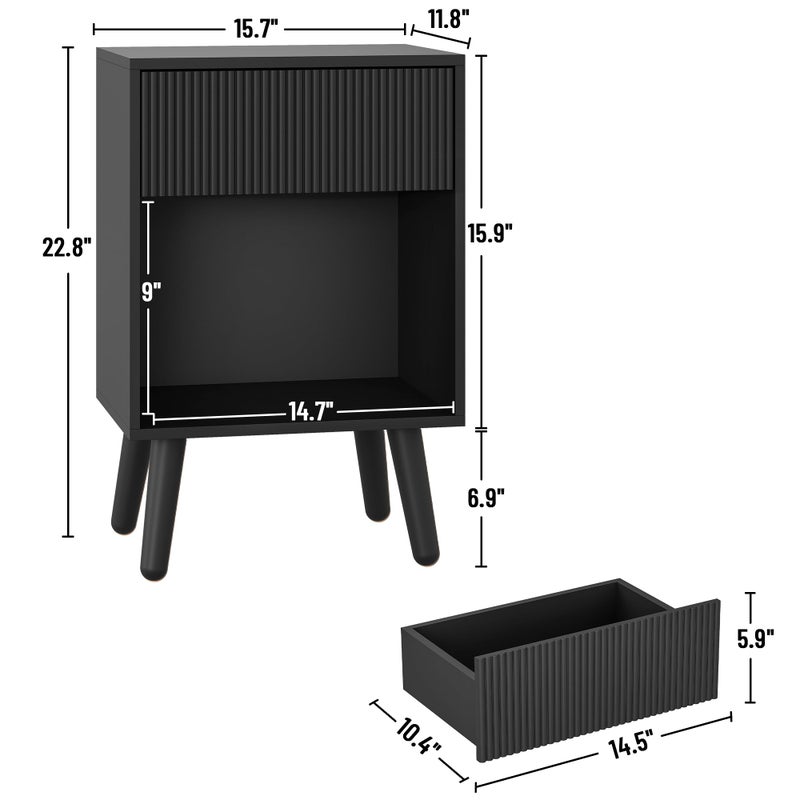 INNOD Nightstand, Modern Bedside Table with Storage Drawers and Open Wood Shelf, Night Stand with Solid Wood Legs, End Tables Side Tables for Living Room, Bedroom Black - Image 2