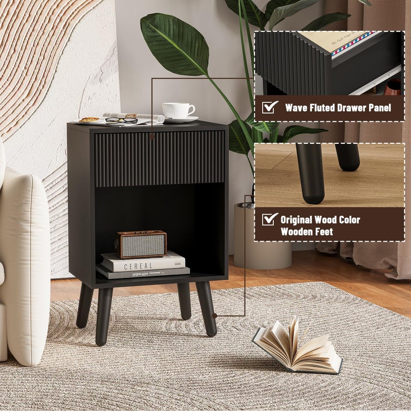 INNOD Nightstand, Modern Bedside Table with Storage Drawers and Open Wood Shelf, Night Stand with Solid Wood Legs, End Tables Side Tables for Living Room, Bedroom Black - Image 4