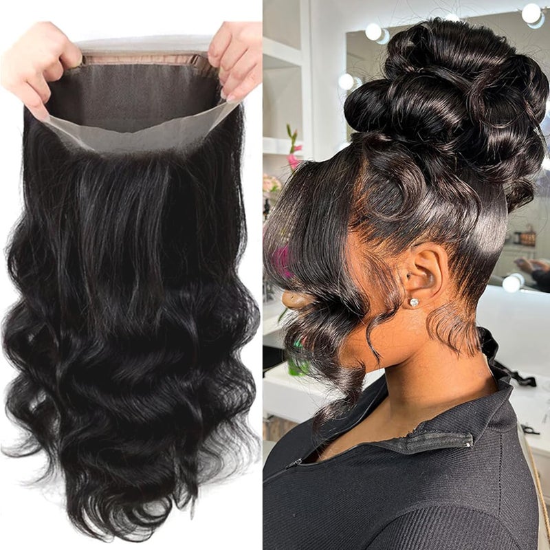 GYAJEP 360 Lace Frontal 360 HD Transparent Full Lace 12A Unprocessed Brazilian Remy Human Hair Body Wave Frontal Bleachable Knot 360 Closure Natural Color 14 Inch - Image 1