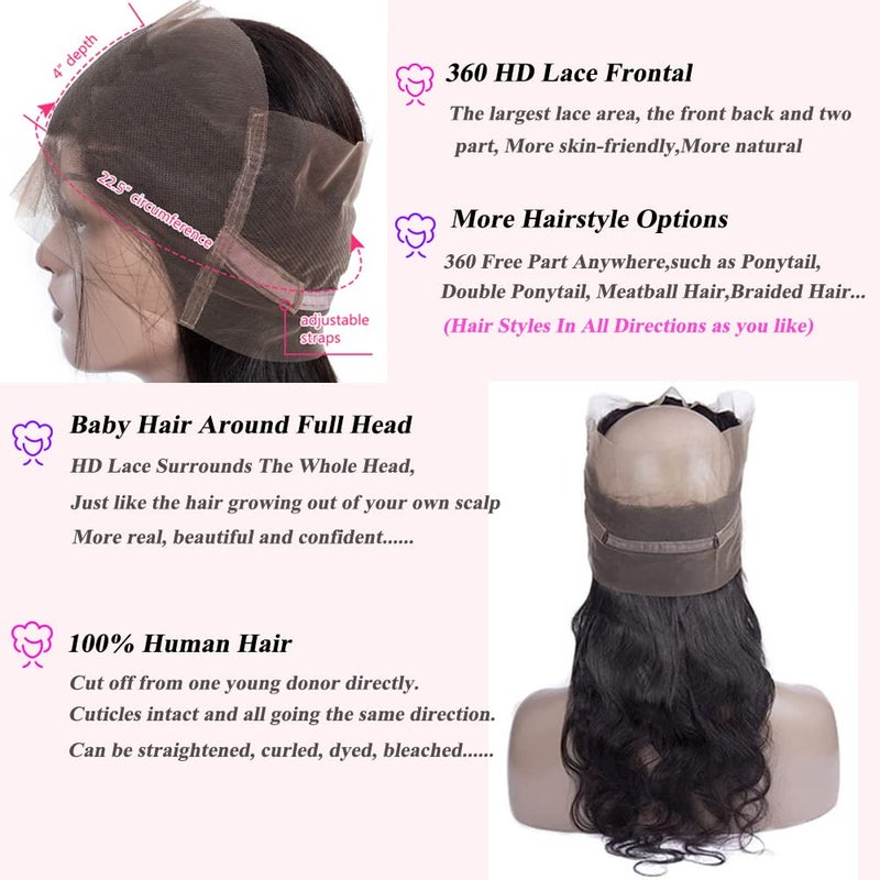 GYAJEP 360 Lace Frontal 360 HD Transparent Full Lace 12A Unprocessed Brazilian Remy Human Hair Body Wave Frontal Bleachable Knot 360 Closure Natural Color 14 Inch - Image 3
