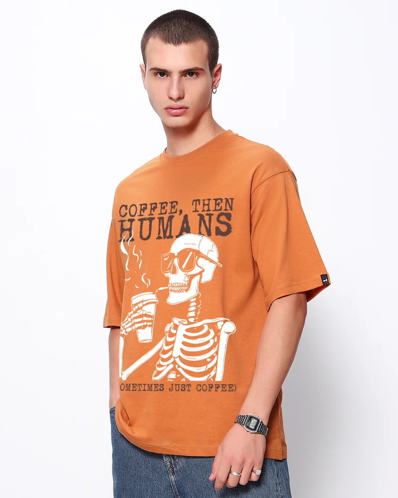 bewakoof Men's Caramel Orange Coffee Then Humans Graphic Printed Oversized T-shirt