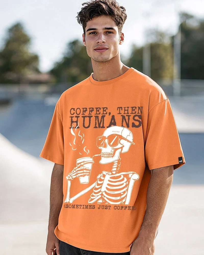 bewakoof Men's Caramel Orange Coffee Then Humans Graphic Printed Oversized T-shirt